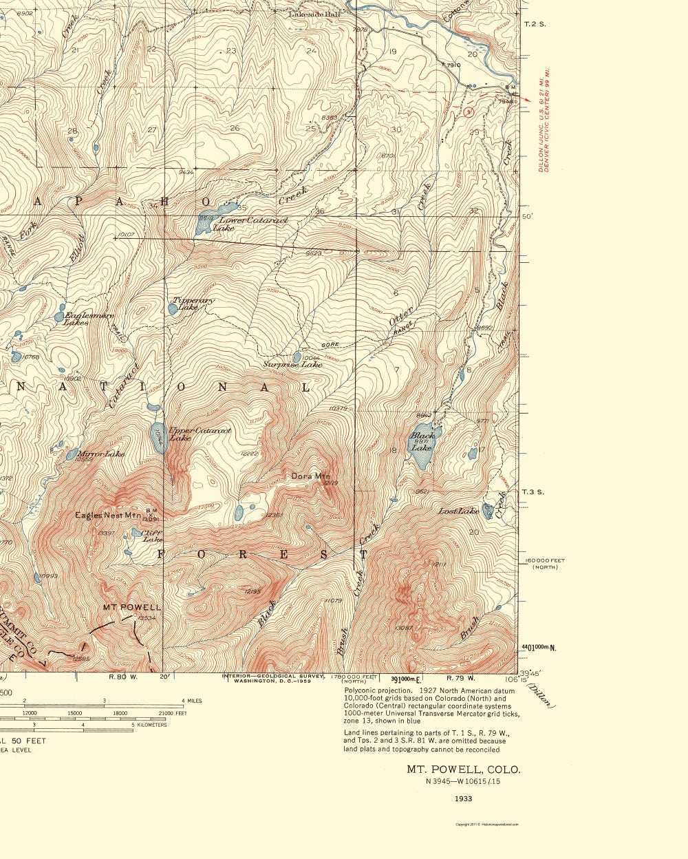 Topographical Map - Mt Powell Colorado Quad - USGS 1933 - 23 x 28.70 - Vintage Wall Art