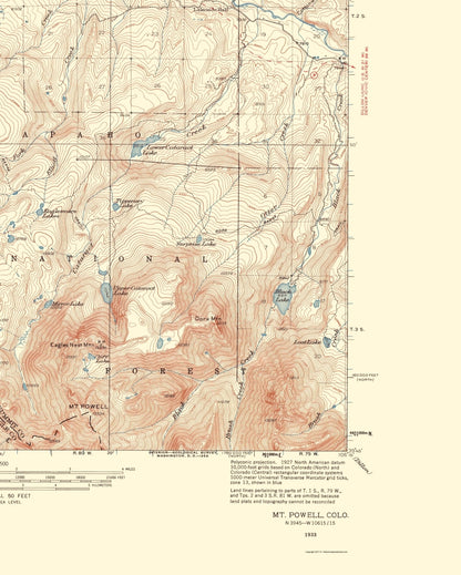 Topographical Map - Mt Powell Colorado Quad - USGS 1933 - 23 x 28.70 - Vintage Wall Art