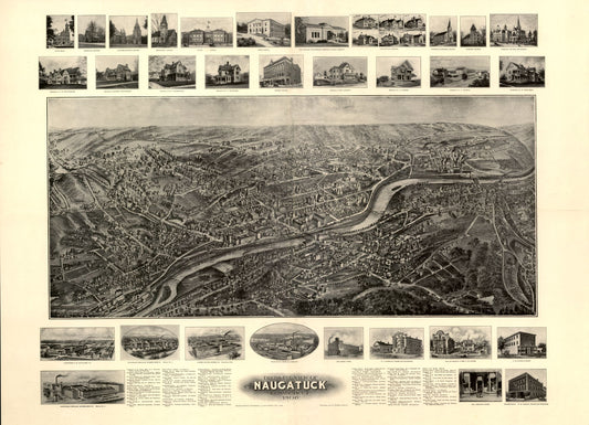 Historic Panoramic View - Naugatuck Connecticut - Bailey 1906 - 31.86 x 23 - Vintage Wall Art