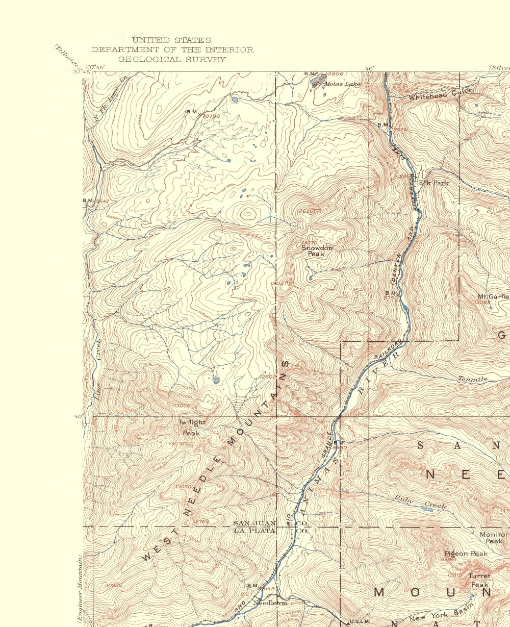 Topographical Map - Needle Mountains Colorado Quad - USGS 1955 - 23 x 28.27 - Vintage Wall Art