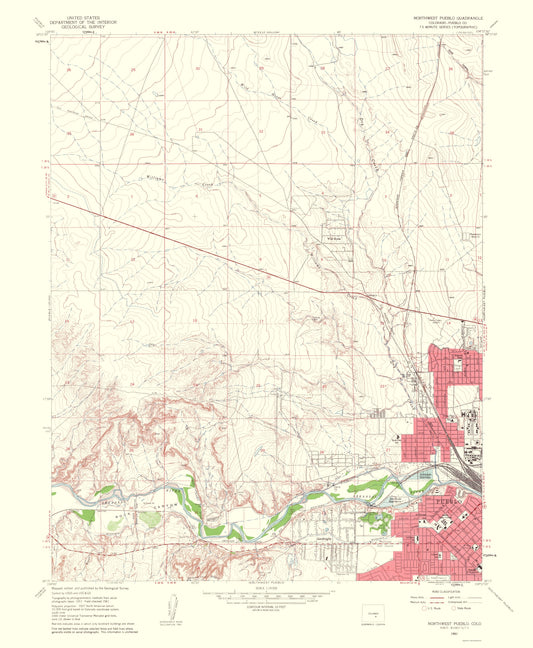 Topographical Map - Pueblo Colorado Northwest Quad - USGS 1962 - 23 x 27.98 - Vintage Wall Art