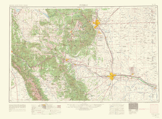 Topographical Map - Pueblo Colorado Quad - USGS 1966 - 23 x 31.22 - Vintage Wall Art