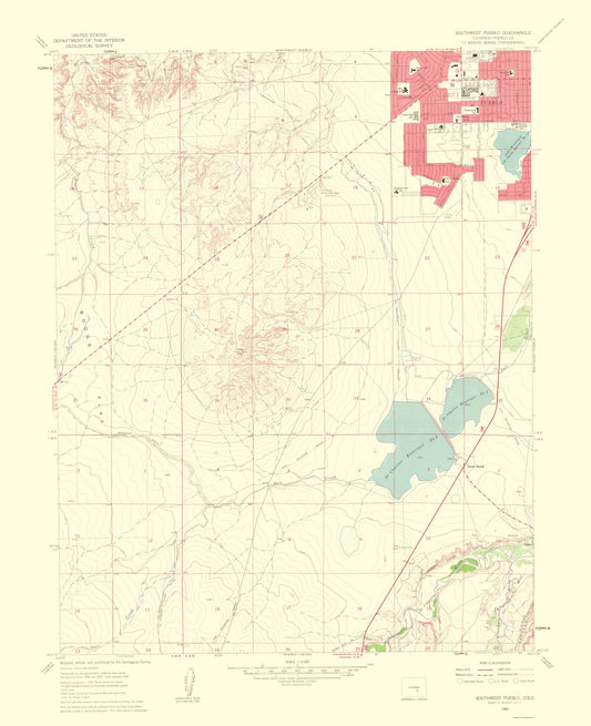 Topographical Map - Pueblo Southwest Colorado Quad - USGS 1963 - 23 x 28.26 - Vintage Wall Art