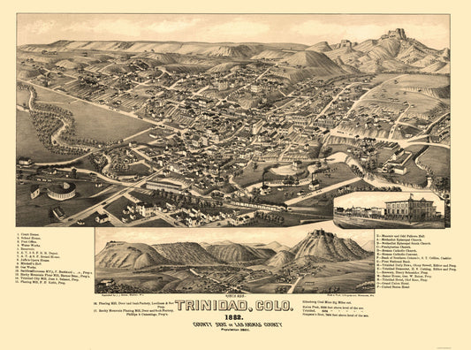 Historic Panoramic View - Trinidad Colorado - Stoner 1882 - 23 x 30.99 - Vintage Wall Art