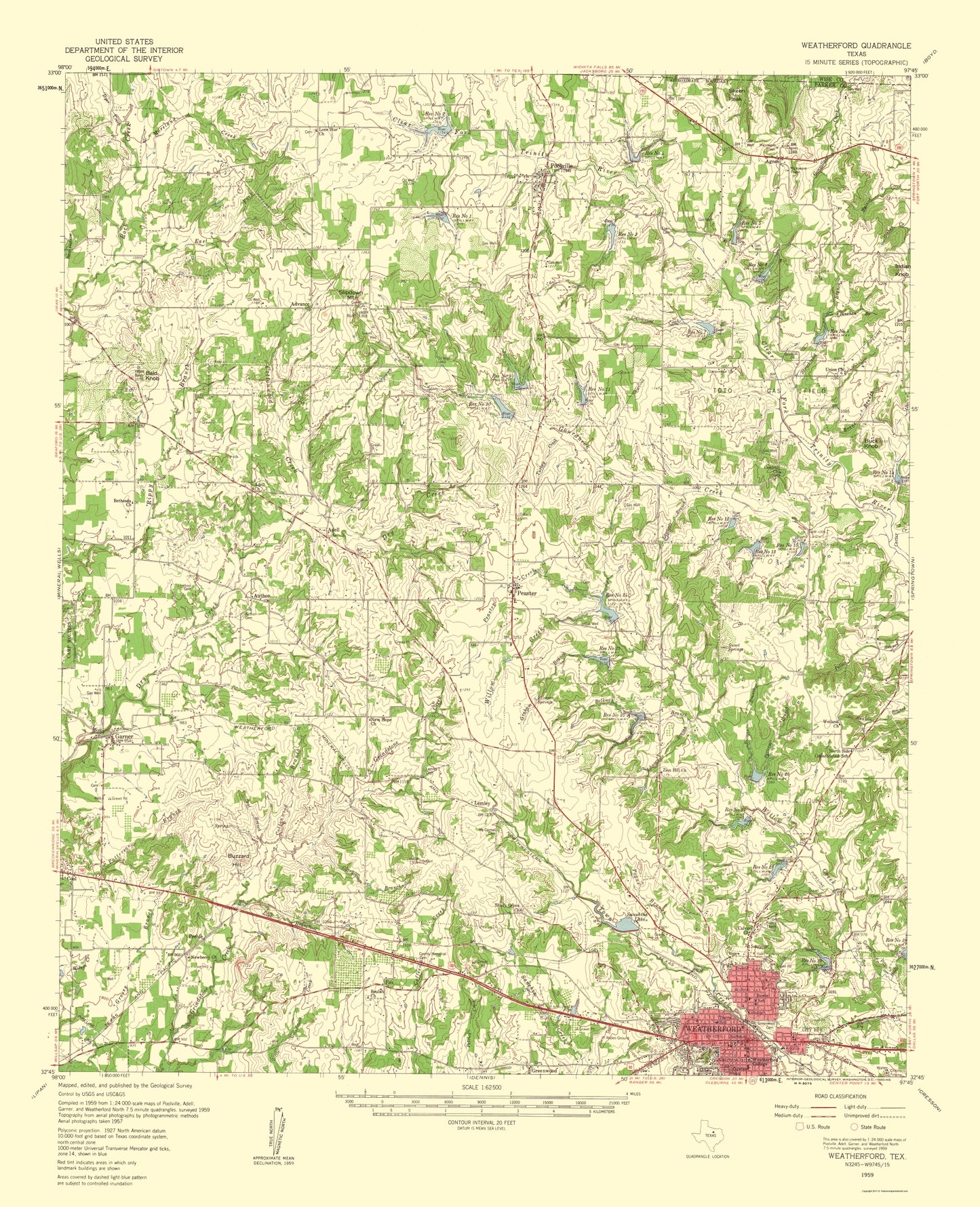 Topographical Map - Weatherford Texas Quad - USGS 1960 - 23 x 28.33 - Vintage Wall Art