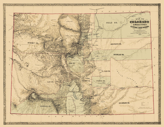 Historic Mine Map - Colorado Territory Gold Region - Monk  1862 - 29.63 x 23 - Vintage Wall Art