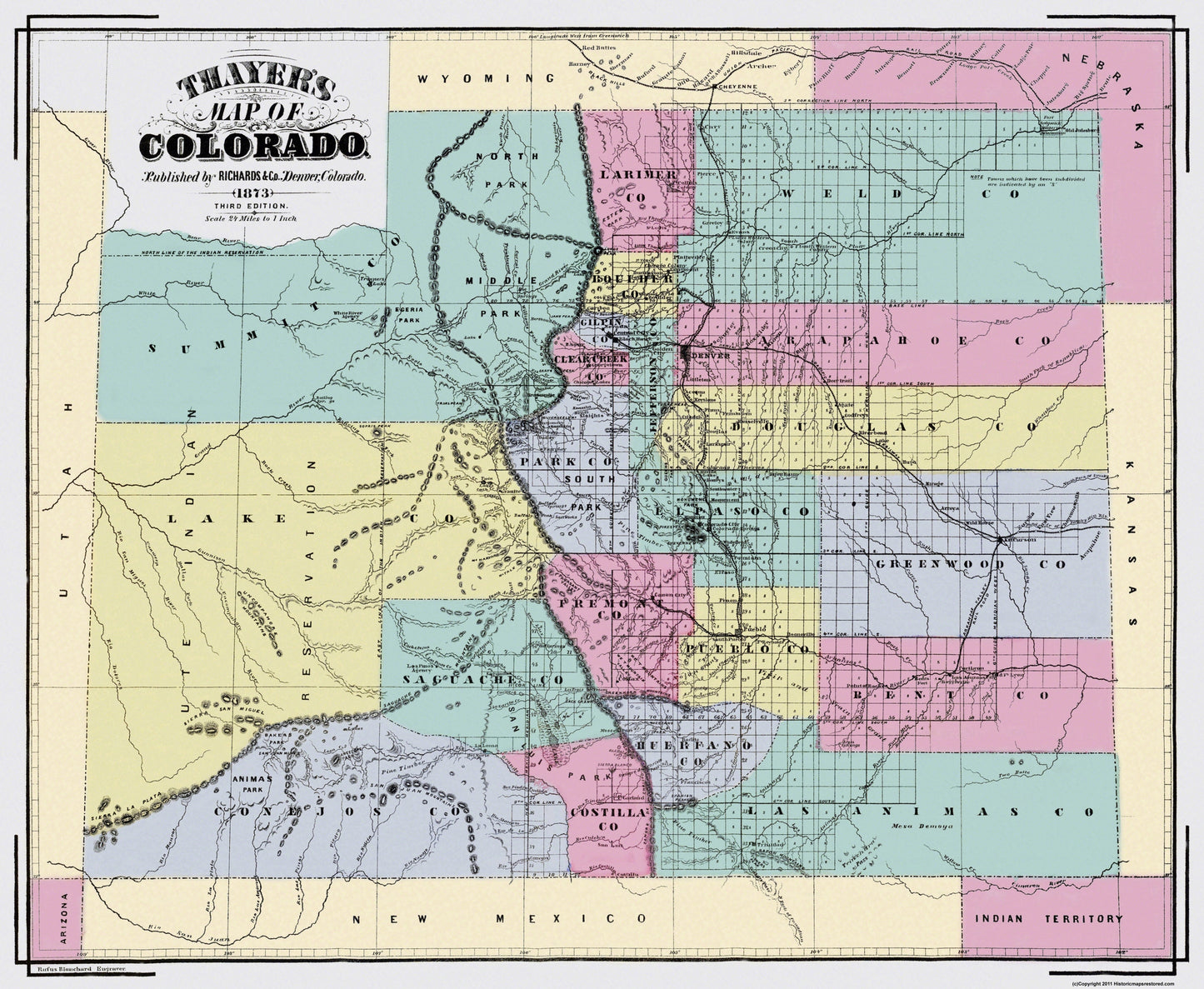 Historic State Map - Colorado Territory - Richards 1873 - 28 x 23 - Vintage Wall Art