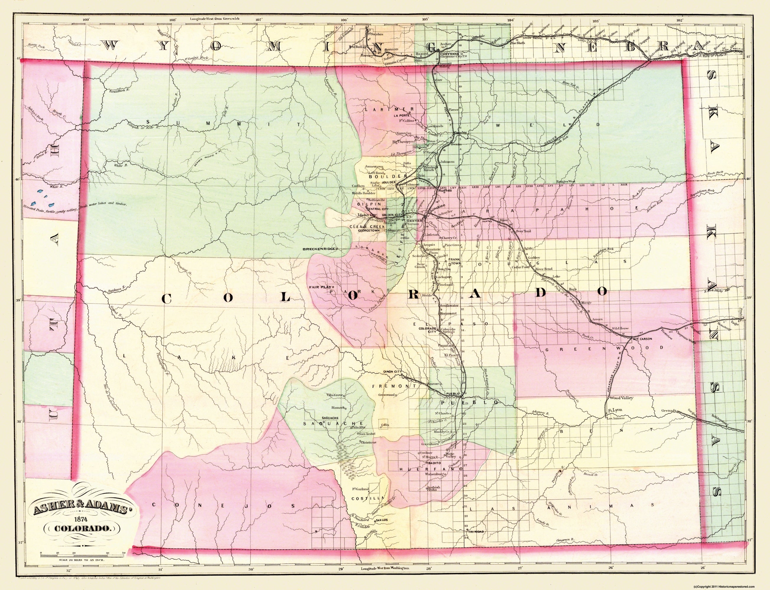 Historic State Map - Colorado - Asher 1874 - 30 x 23 - Vintage Wall Ar ...