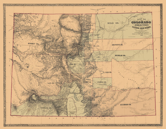 Historic Mine Map - Colorado Central Gold Region - Monk 1862 - 23 x 29.65 - Vintage Wall Art