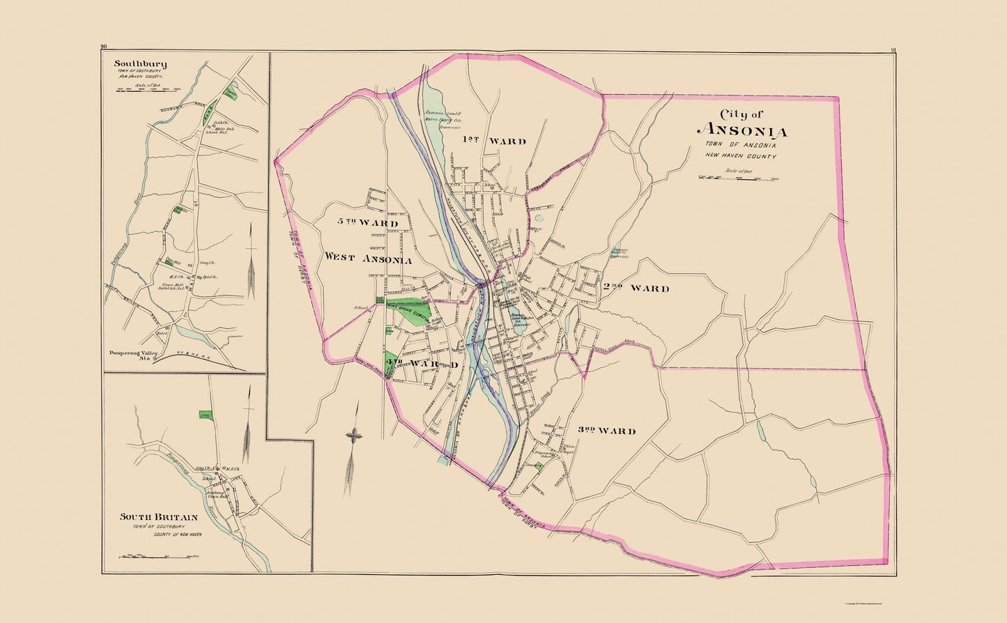 Historic City Map - Ansonia Connecticut - Hurd 1893 - 23 x 37.16 - Vintage Wall Art