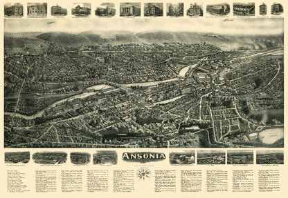 Historic Panoramic View - Ansonia Connecticut - Bailey 1921 - 33.32 x 23 - Vintage Wall Art