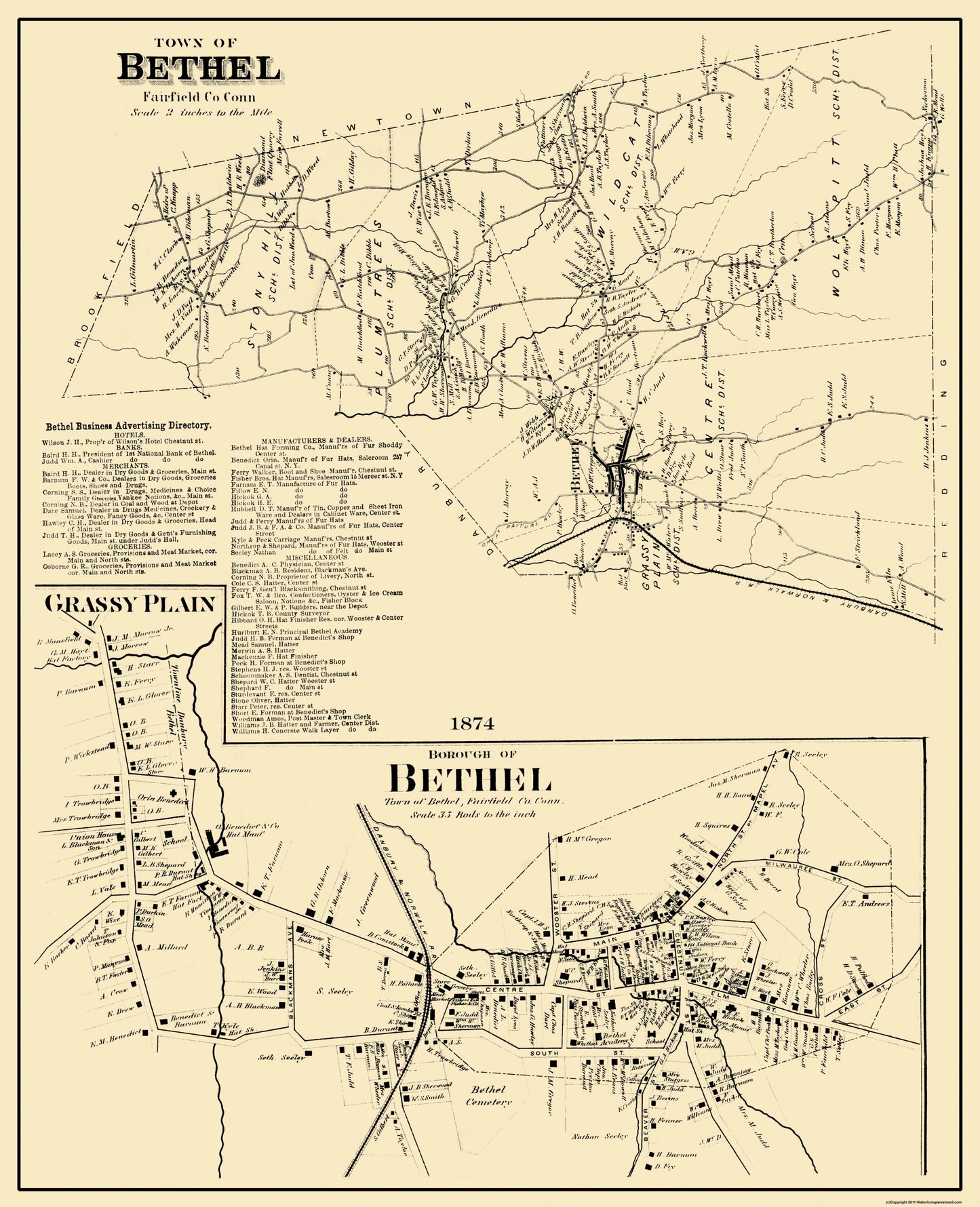 Historic City Map - Bethel Connecticut - 1874 - 23 x 28.31 - Vintage Wall Art