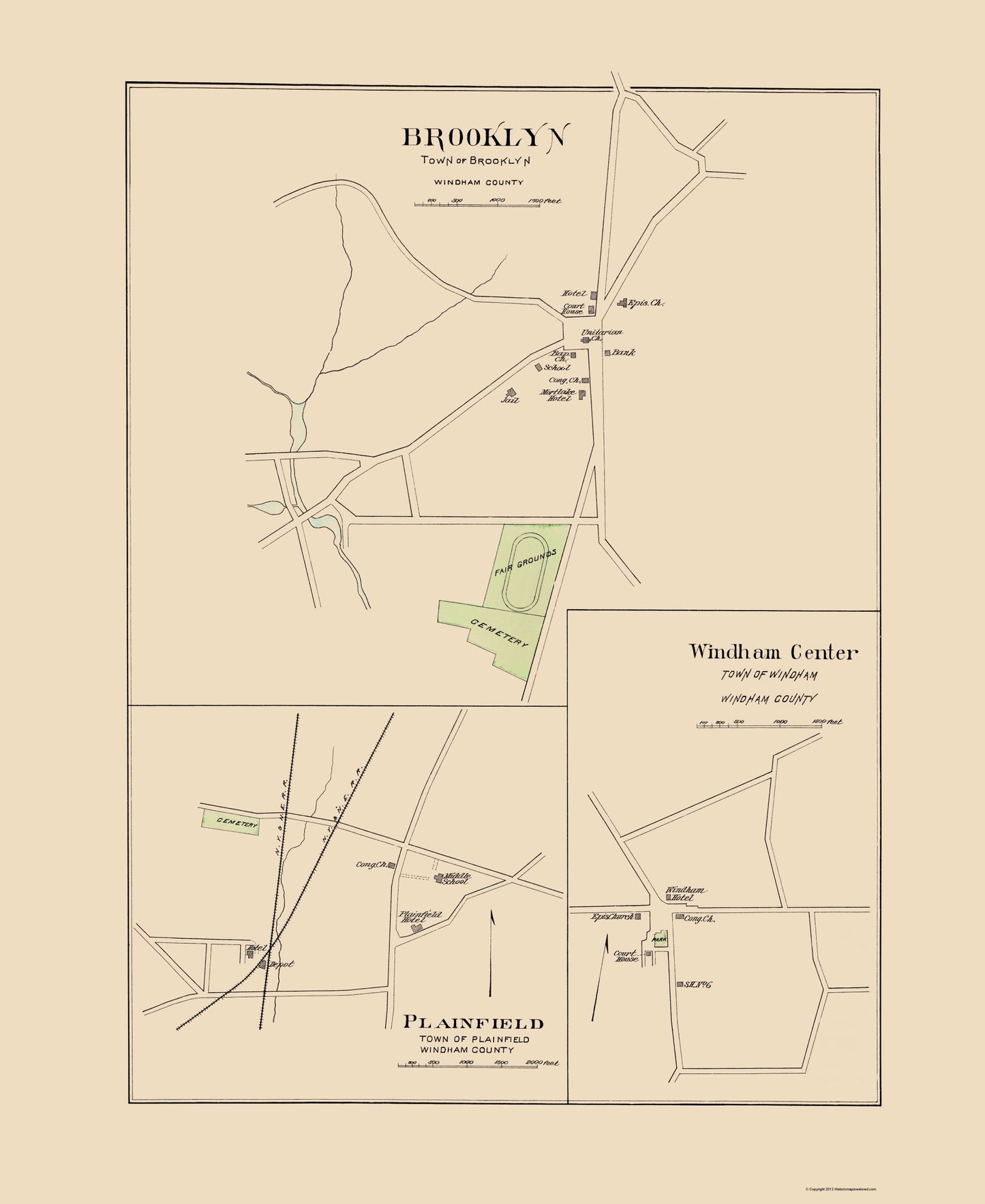 Historic City Map - Brooklyn Connecticut - Hurd 1893 - 23 x 28.11 - Vintage Wall Art