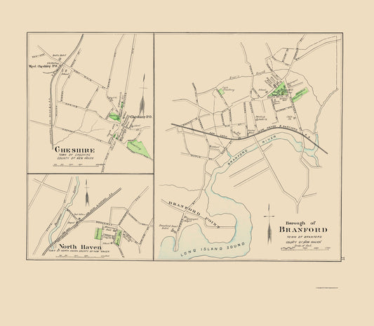 Historic City Map - Branford Connecticut - Hurd 1893 - 23 x 26.44 - Vintage Wall Art