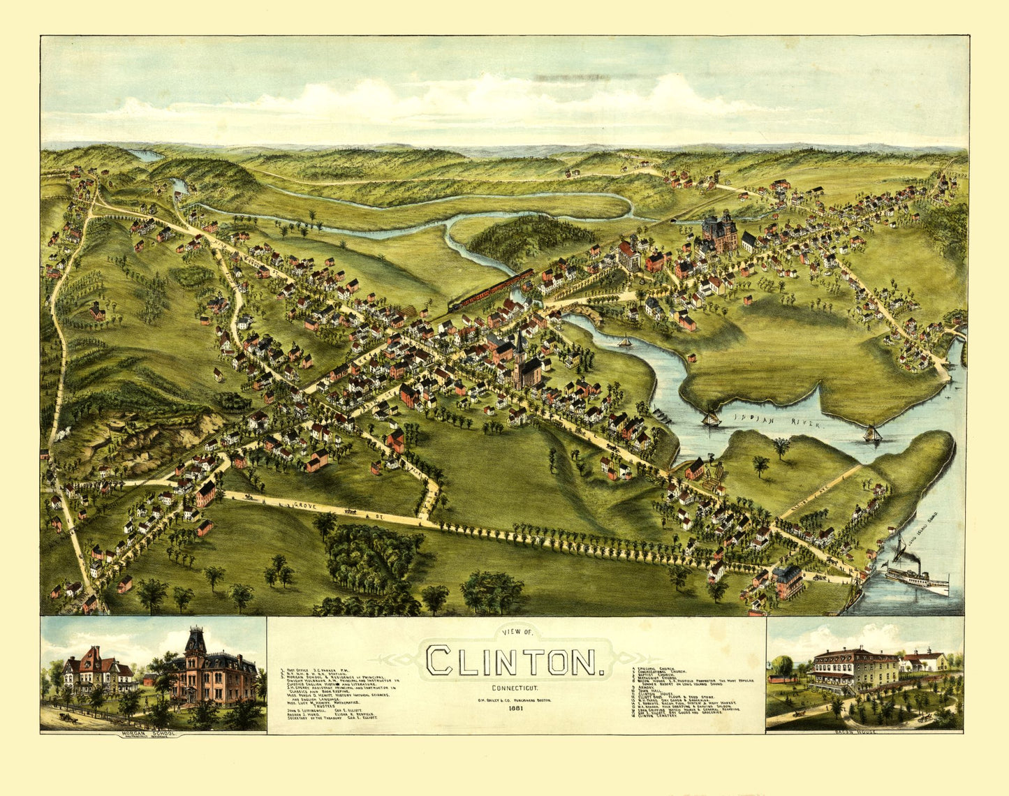 Historic Panoramic View - Clinton Connecticut - Bailey 1881 - 29.15 x 23 - Vintage Wall Art