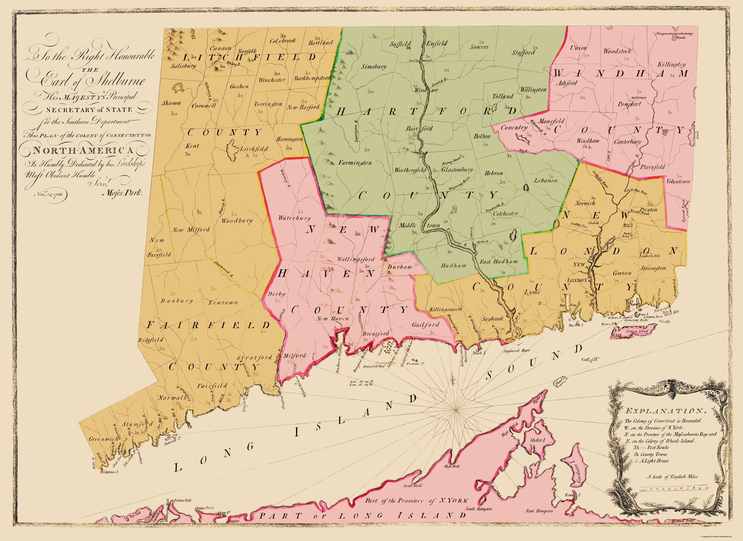 Historic State Map - Connecticut Colony - 1766 - 23 x 31.56 - Vintage Wall Art