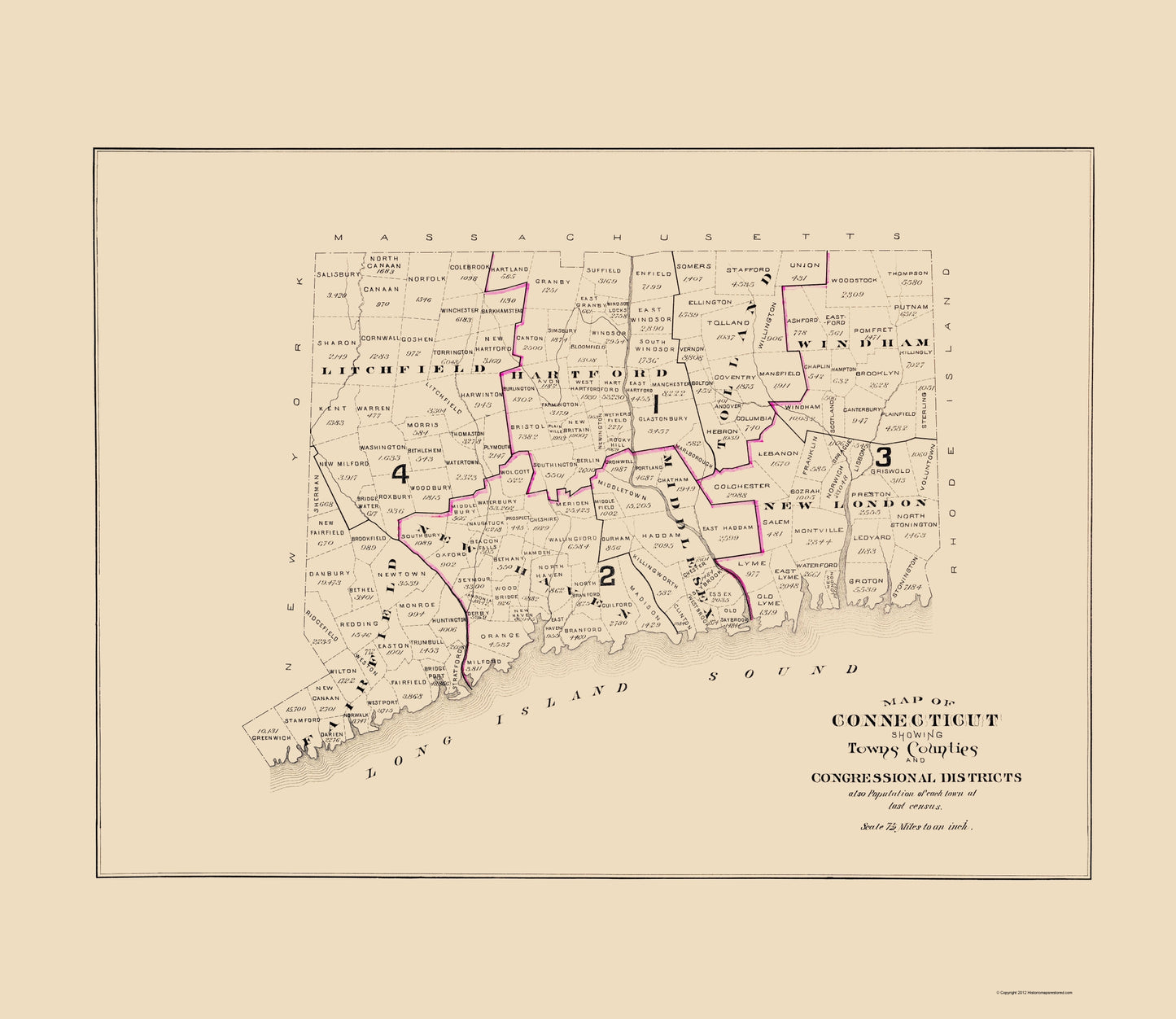 Historic State Map - Connecticut - Hurd 1893 - 23 x 26.55 - Vintage Wall Art