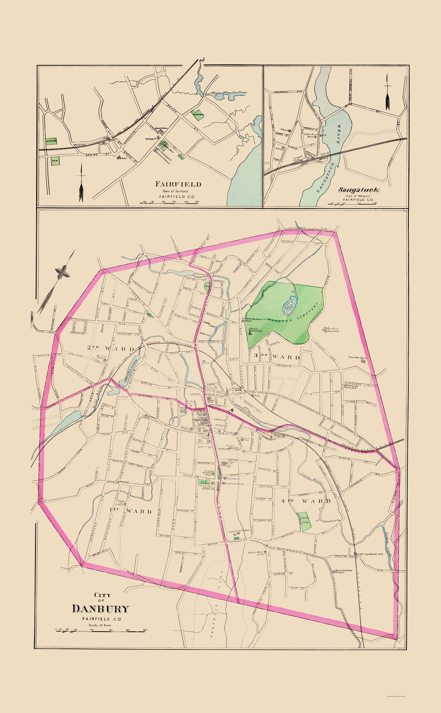 Historic City Map - Danbury Fairfield Saugatuck Connecticut - Hurd 1893 - 23 x 37.16 - Vintage Wall Art