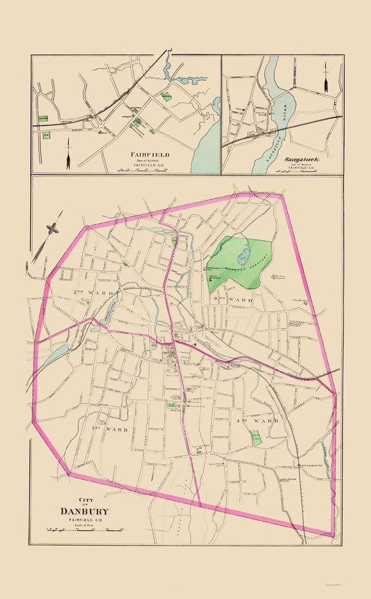 Historic City Map - Danbury Fairfield Saugatuck Connecticut - Hurd 1893 - 23 x 37.16 - Vintage Wall Art