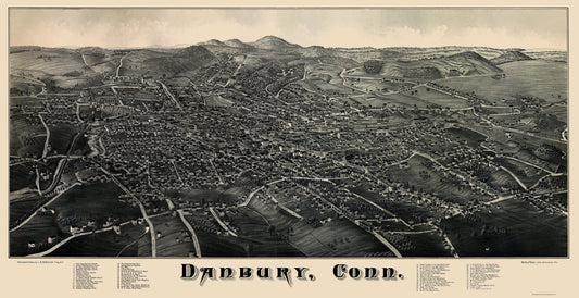 Historic Panoramic View - Danbury Connecticut - Burleigh 1884 - 23 x 44.68 - Vintage Wall Art