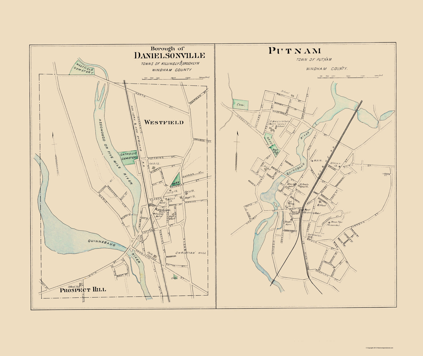 Historic City Map - Danielsonville Connecticut - Hurd 1893 - 23 x 27.30 - Vintage Wall Art