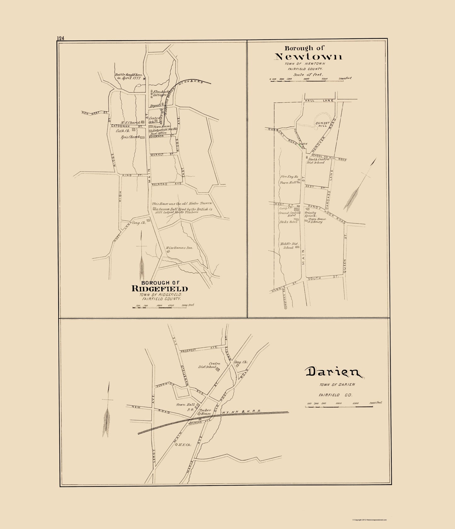 Historic City Map - Darien Newtown Ridgefield Connecticut - Hurd 1893 - 23 x 26.74 - Vintage Wall Art