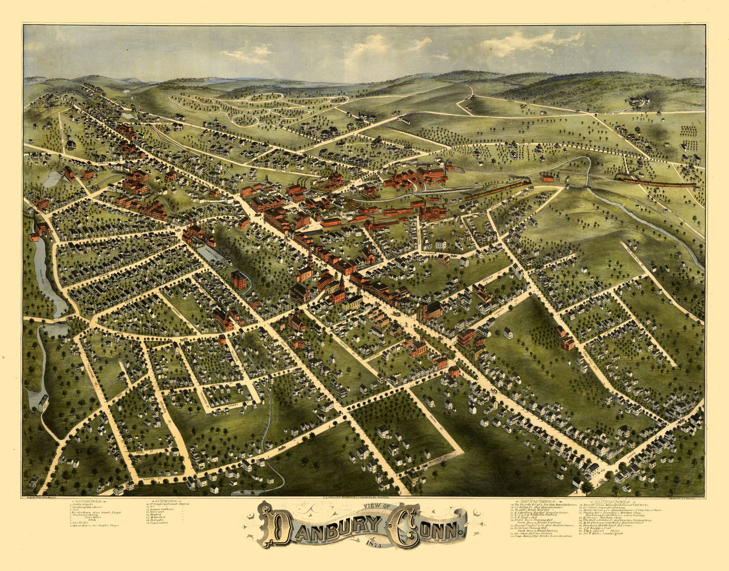 Historic Panoramic View - Danbury Connecticut - Bailey 1875 - 29.36 x 23 - Vintage Wall Art