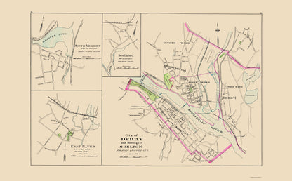 Historic City Map - Derby City Shelton Connecticut - Hurd 1893 - 23 x 37.16 - Vintage Wall Art