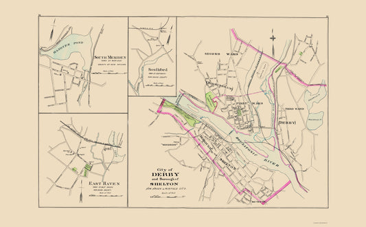 Historic City Map - Derby City Shelton Connecticut - Hurd 1893 - 23 x 37.16 - Vintage Wall Art