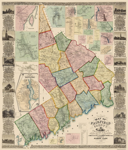 Historic County Map - Fairfield County Connecticut - Clark 1856 - 23 x 26.88 - Vintage Wall Art