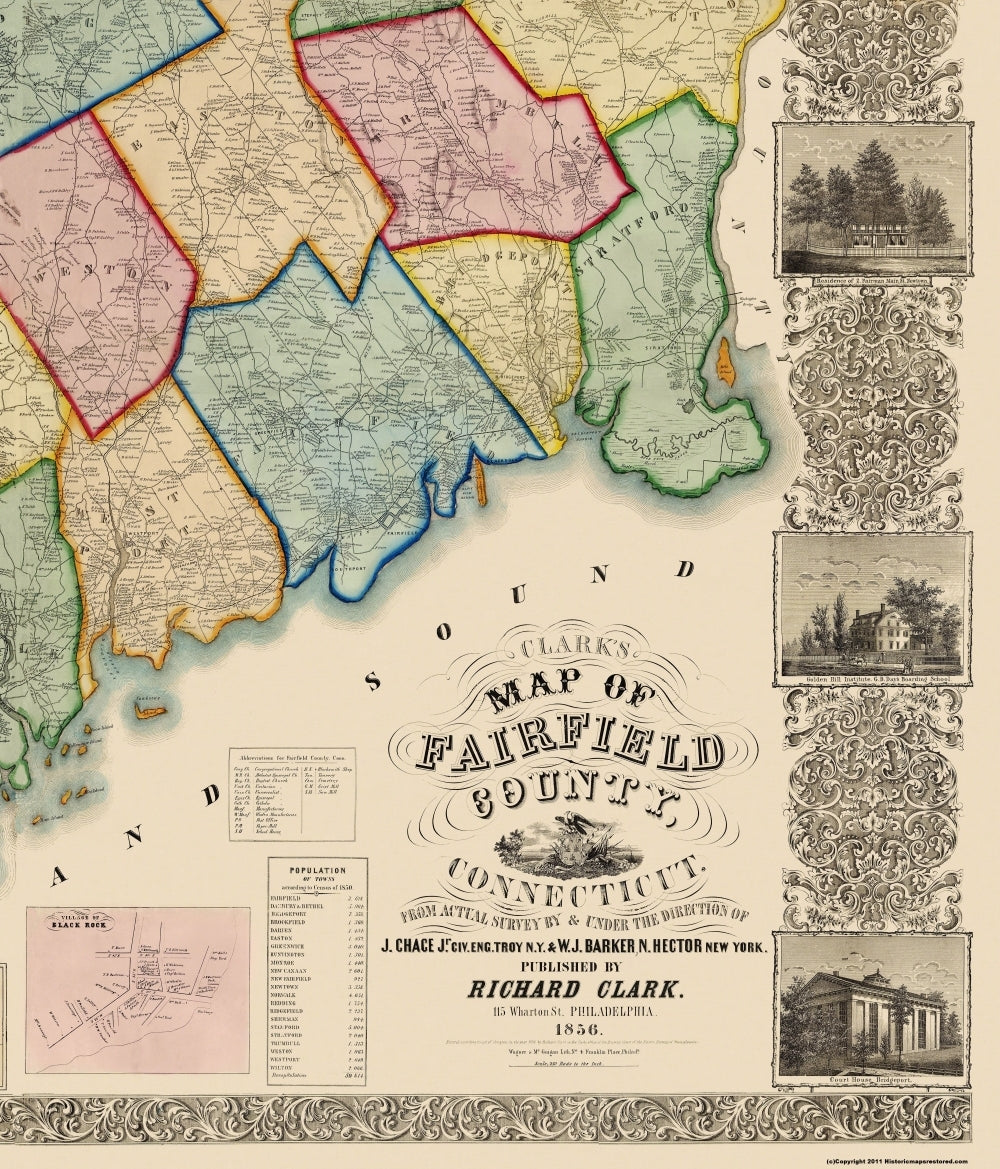 Historic County Map - Fairfield County Connecticut - Clark 1856 - 23 x 26.88 - Vintage Wall Art