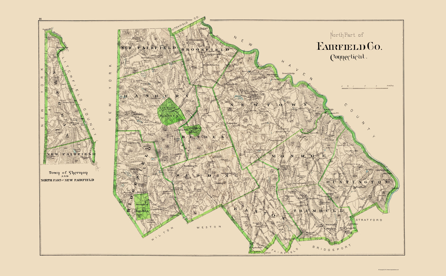 Historic County Map - Fairfield County North Connecticut - Hurd 1893 - 23 x 37.16 - Vintage Wall Art