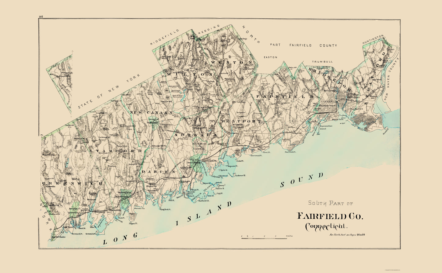 Historic County Map - Fairfield County South Connecticut - Hurd 1893 - 23 x 37.16 - Vintage Wall Art