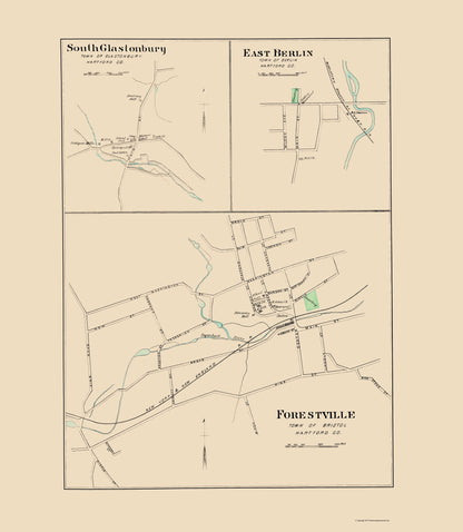 Historic City Map - Forestville Glastonbury Berlin Connecticut - Hurd 1893 - 23 x 26.44 - Vintage Wall Art