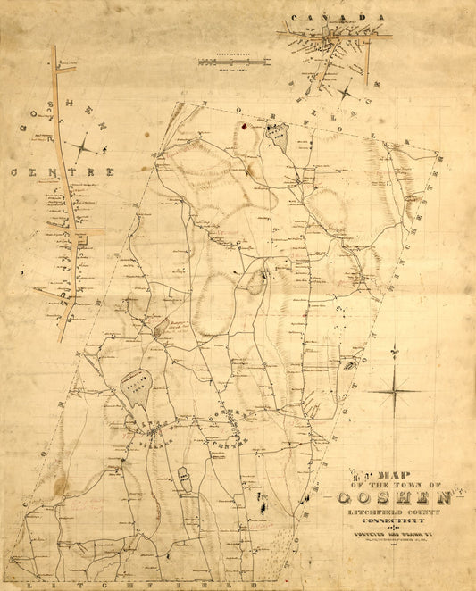Historic City Map - Goshen Connecticut - Woodford 1852 - 23 x 28.58 - Vintage Wall Art