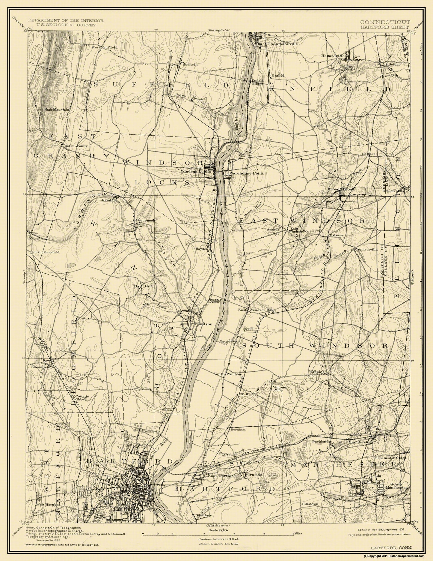 Topographical Map - Hartford Connecticut Sheet - USGS 1892 - 23 x 29.76 - Vintage Wall Art