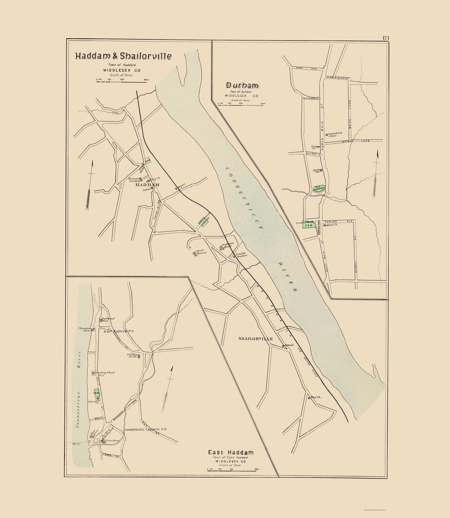 Historic City Map - Haddam Shailorville Connecticut - Hurd 1893 - 23 x 26.44 - Vintage Wall Art