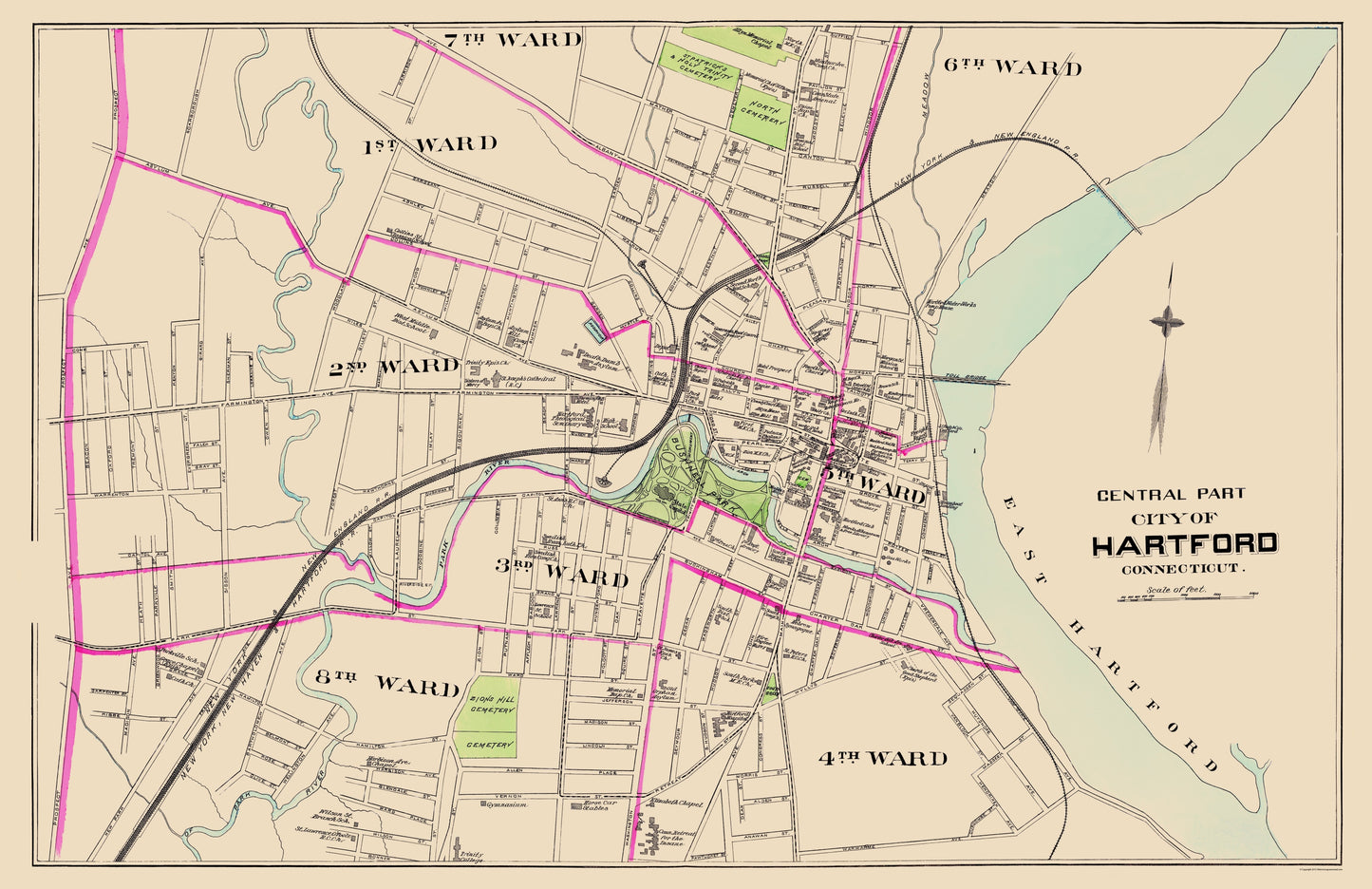 Historic City Map - Hartford Central Part Connecticut - Hurd 1893 - 23 x 35.52 - Vintage Wall Art