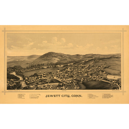 Historic Panoramic View - Jewett City Connecticut - Burleigh 1889 - 37.65 x 23 - Vintage Wall Art