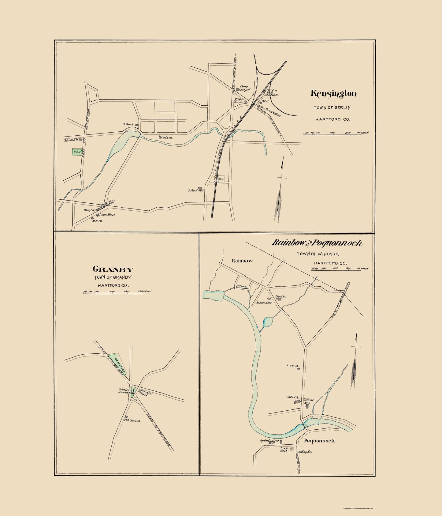 Historic City Map - Kensington Connecticut - Hurd 1893 - 23 x 26.82 - Vintage Wall Art