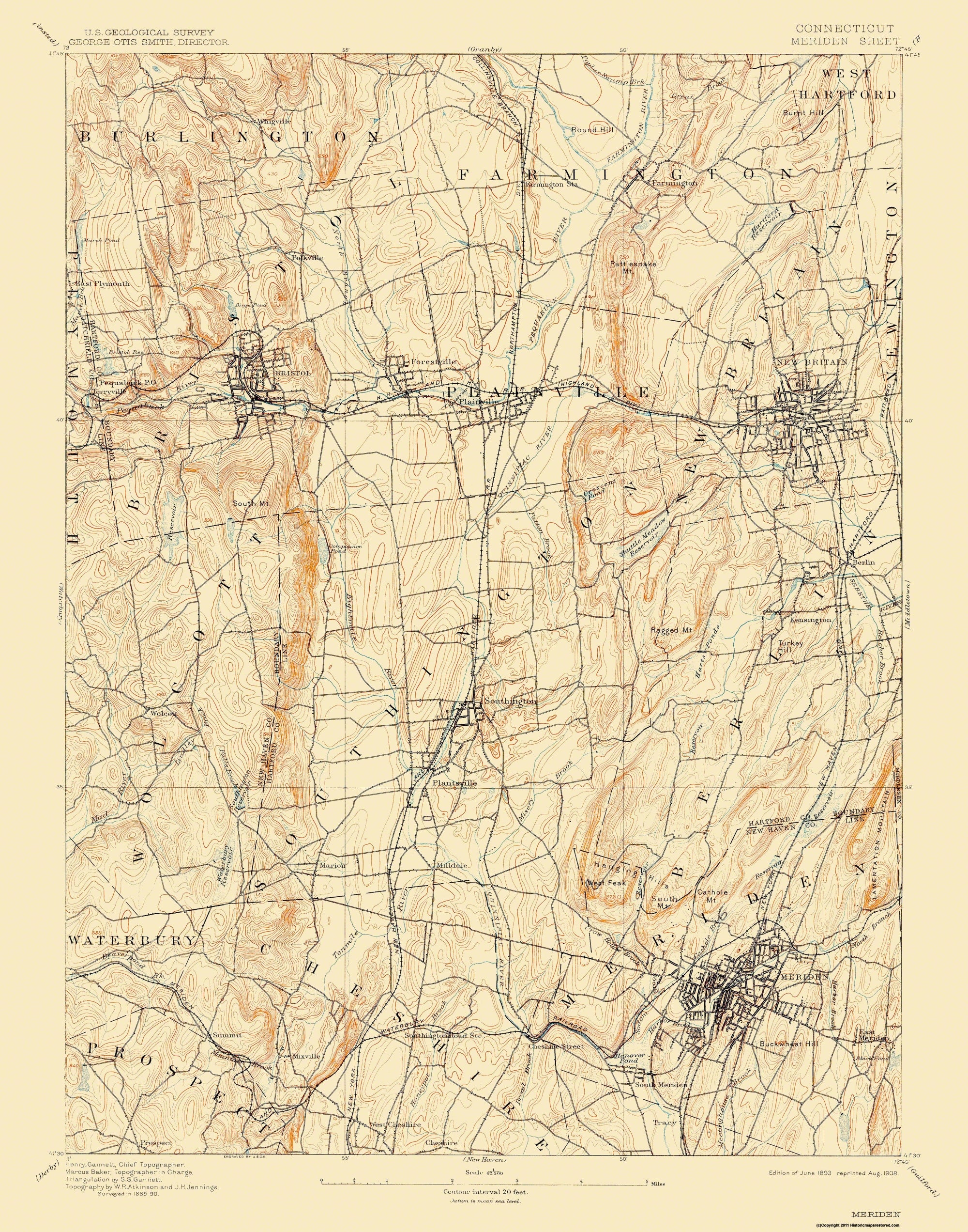Ct Map Meridan Topographical Map - Meridan Connecticut Sheet - USGS 1893 - 23 x 29.24 ...