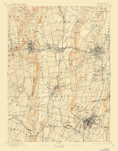 Topographical Map - Meridan Connecticut Sheet - USGS 1893 - 23 x 29.24 - Vintage Wall Art