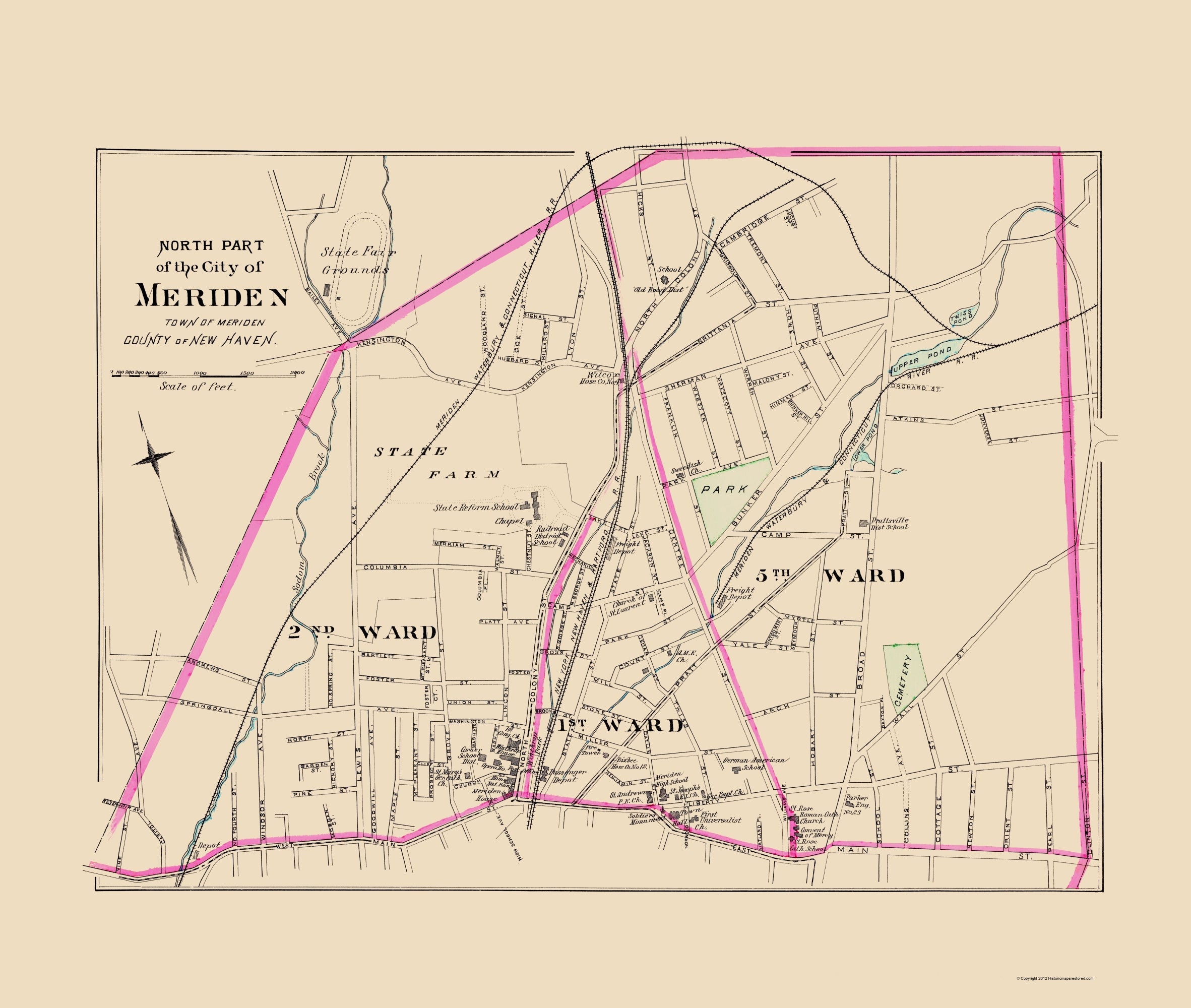 Ct Map Meridan Historic City Map - Meriden North Part Connecticut - Hurd 1893 - 23 x ...