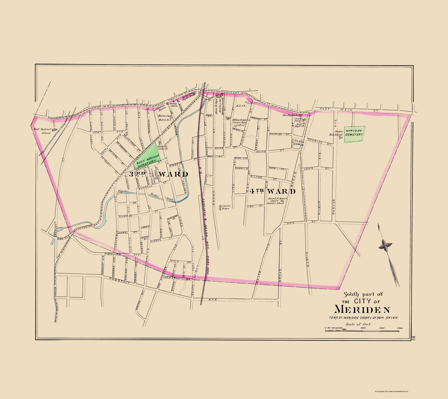 Historic City Map - Meriden South Part Connecticut - Hurd 1893 - 23 x 25.83 - Vintage Wall Art