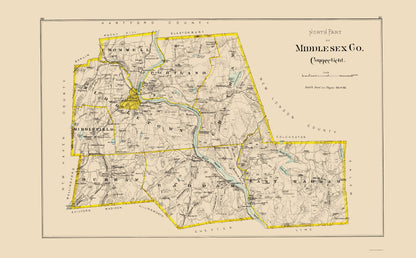 Historic County Map - Middlesex County North Connecticut - Hurd 1893 - 23 x 37.16 - Vintage Wall Art