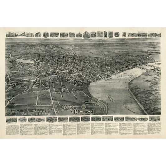 Historic Panoramic View - Middletown Connecticut - Bailey 1915 - 34.26 x 23 - Vintage Wall Art