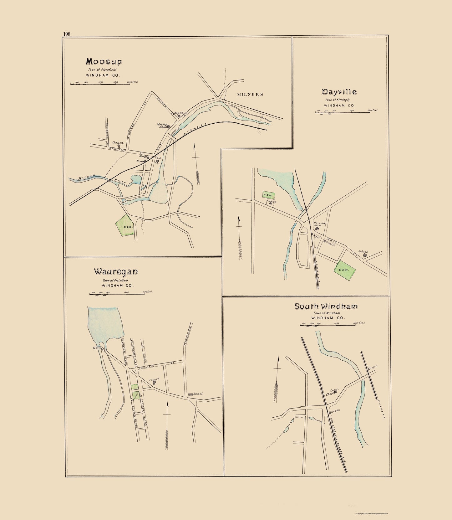 Historic City Map - Moosup Dayville Wauregan Windham Connecticut - Hurd 1893 - 23x26 - Vintage Wall Art