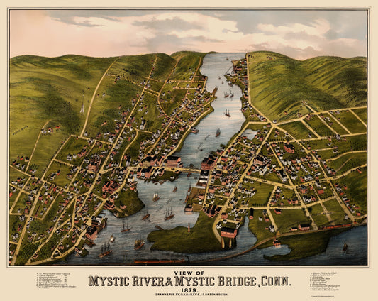 Historic Panoramic View - Mystic River Mystic Bridge Connecticut - Bailey 1879 - 23 x 28.92 - Vintage Wall Art