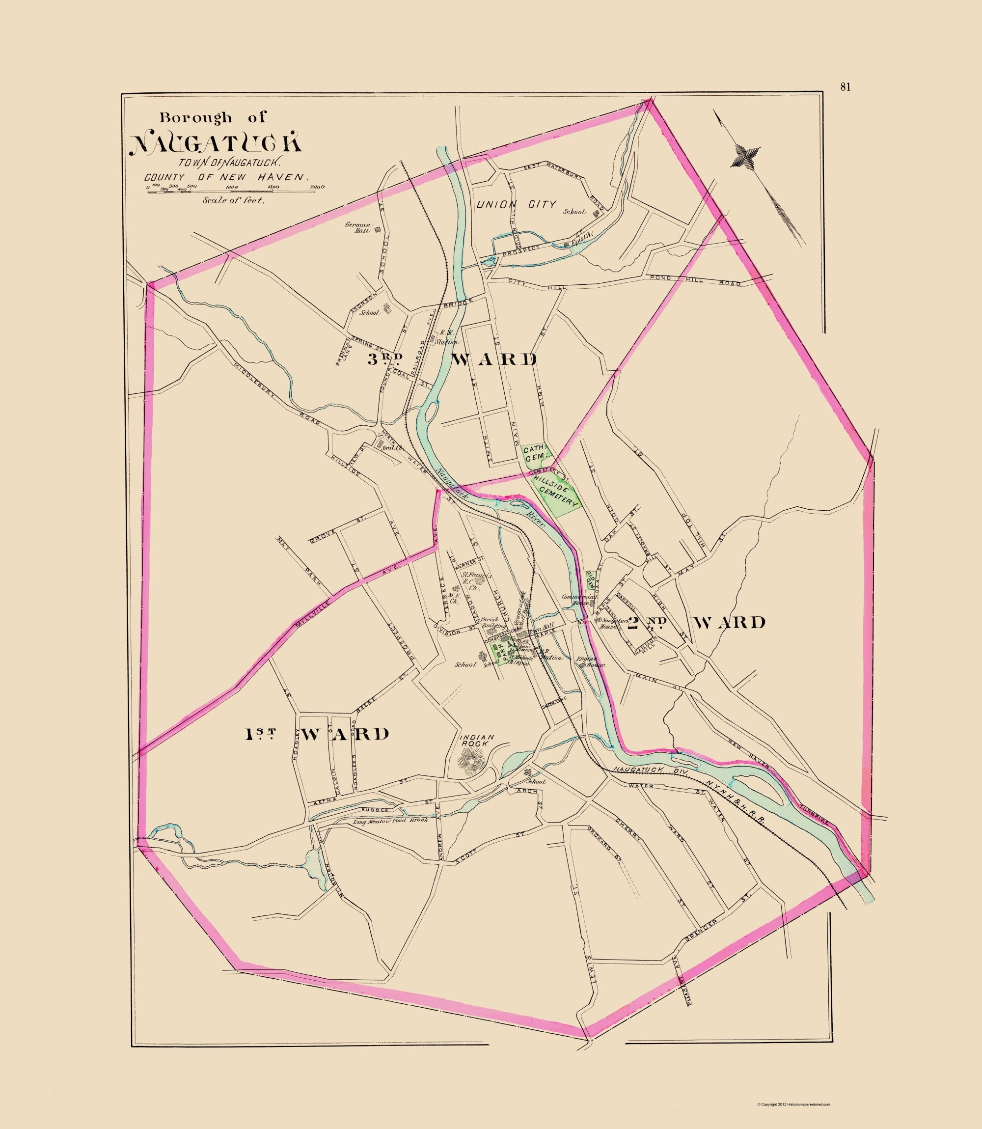 Historic City Map - Naugatuck Connecticut - Hurd 1893 - 23 x 26.44 - V ...