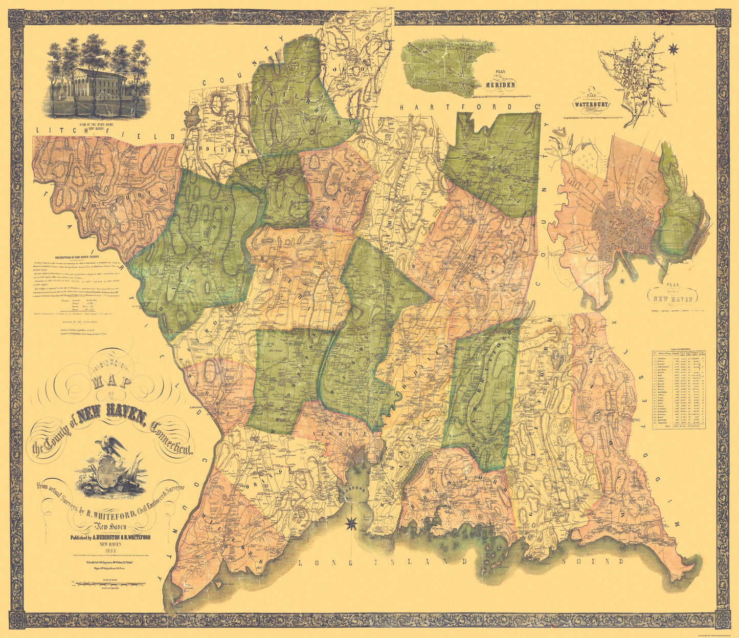 Historic County Map - New Haven County Connecticut - Whiteford 1852 - 26.69 x 23 - Vintage Wall Art